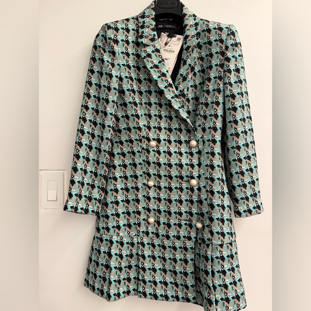 Zara Black and Teal Patterned Blazer